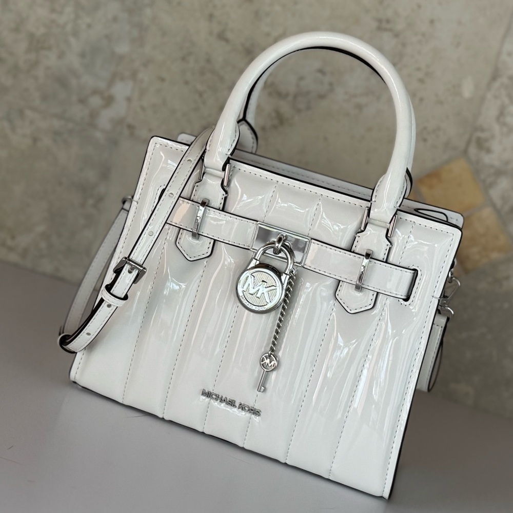 Michael Kors Hamilton Glossy White Quilted Satchel Shoulder Bag - Picture 13 of 13